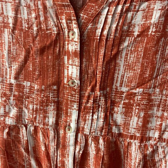 59-7 ANTHROPOLOGIE MAEVE orange tan pleated rayon long button up sleeve top 4 - Picture 3 of 8
